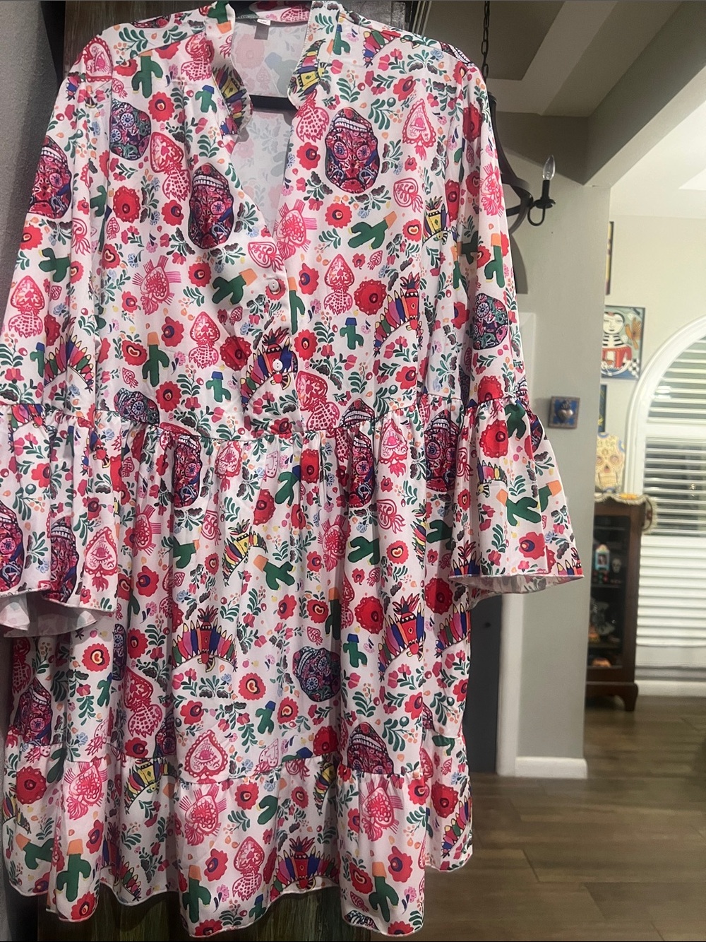 Vibrant Floral & Cactus Tiered Button Dress - White Base